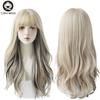 7jhh Wigs Long Wavy Curly Omber Gray White Hair Highlights Synthetic Blend Wigs With Fluffy Bangs For Women's Daily Wear Wigs