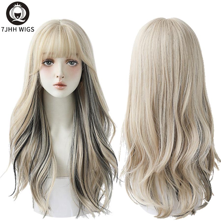 7jhh Wigs Long Wavy Curly Omber Gray White Hair Highlights Synthetic Blend Wigs With Fluffy Bangs For Women's Daily Wear Wigs