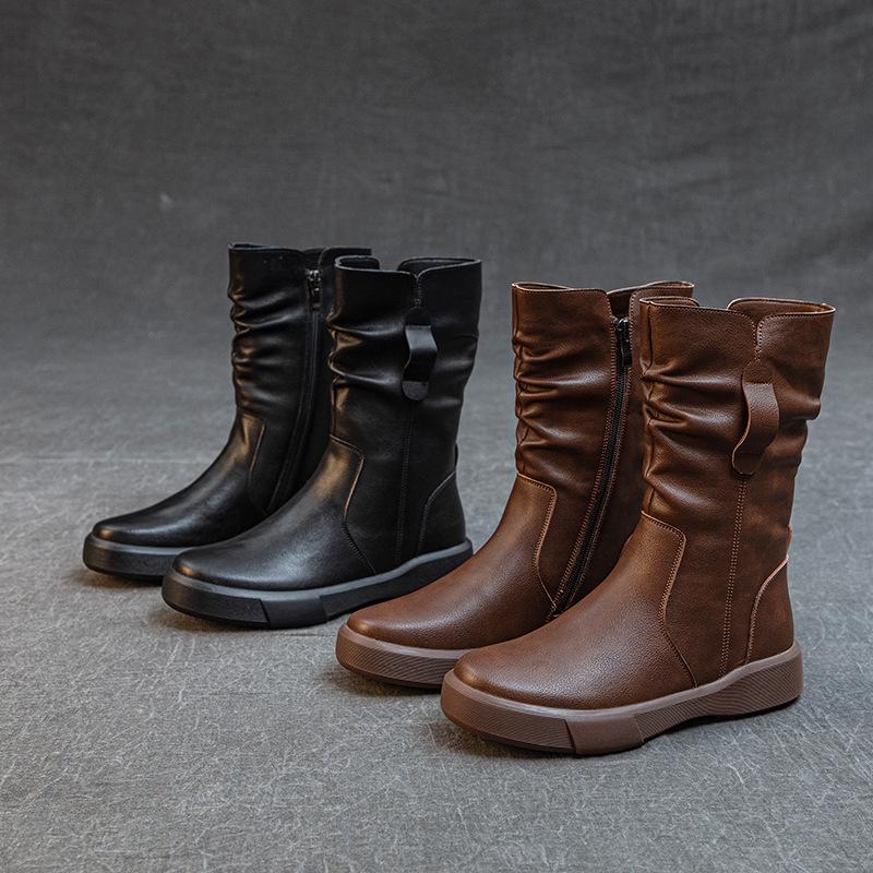 Stylish Women's Genuine Leather Mid-Calf Martin Boots - Versatile, Warm & Thick Soled for Autumn/Winter