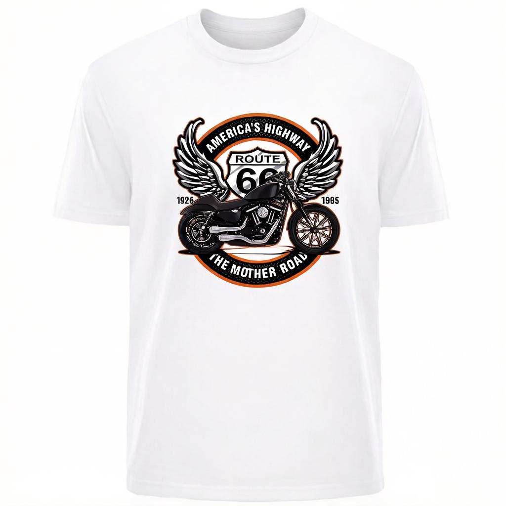 2026 New Vintage US Route 66 Motorcycle Road Print Tshirt Short Sleeve Streetwear Mens and Womens Tshirt Mens Top