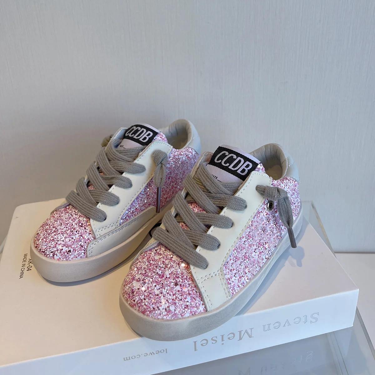 

Spring Autumn Children Board Shoes Korean Fashion Girls Casual Shoes Boys Soft-soled Front Lace-up Color-blocked Sequin Sneakers 15in11.5CM рожевий