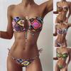 Women Sexy Boho Geometric Print Bandeau Tie Side Swimsuit BIkini Beachwear
