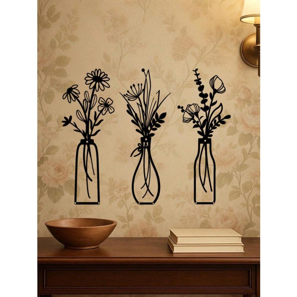 3 Piece Black Acrylic Flower Wall Art Set with Vase Outline Minimalist Home Decor Gift