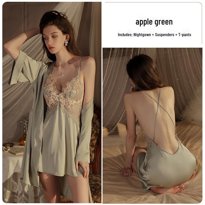 Meishilan Ice Silk Lace Flirtatious Nightdress and Bathrobe Set