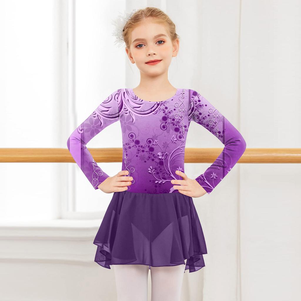 Girls' Color-blocked Romper Long-sleeved Tulle Dress Dance Costume