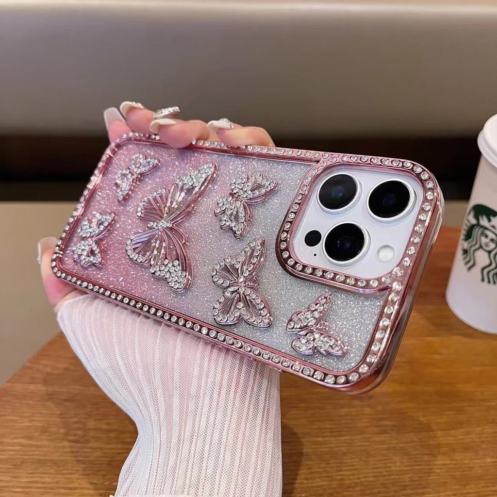 Rhinestone Butterfly Suitable for Apple 16PROMAX Mobile Phone Case Iphone15 Flash Powder 14 Anti-fall Protective Case for Women