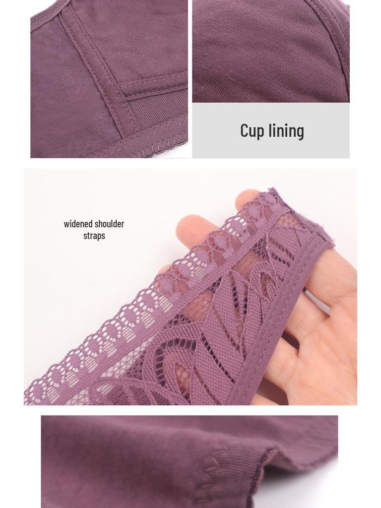 Plus Size Lace Front Zipper Wirefree Bra – Soft Cotton Cup for Middle-Aged & Elderly Women
