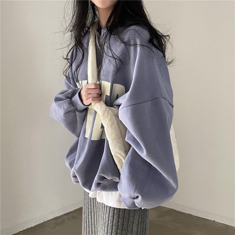 Felpa da Donna con Mezza Zip Stampa Lettere Vestibilità Larga Casual Collo Alto Pullover