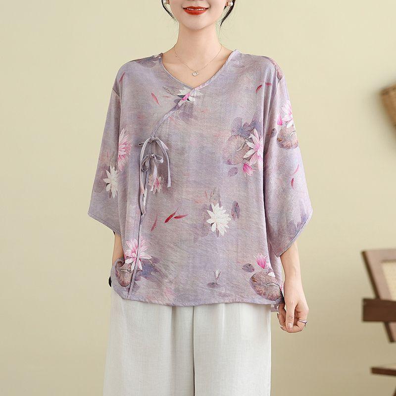 Women's Retro Chinese Style Lotus Print V Neck Blouse Casual Loose Fit Half Sleeve Side Tie Knot Linen Blend Top