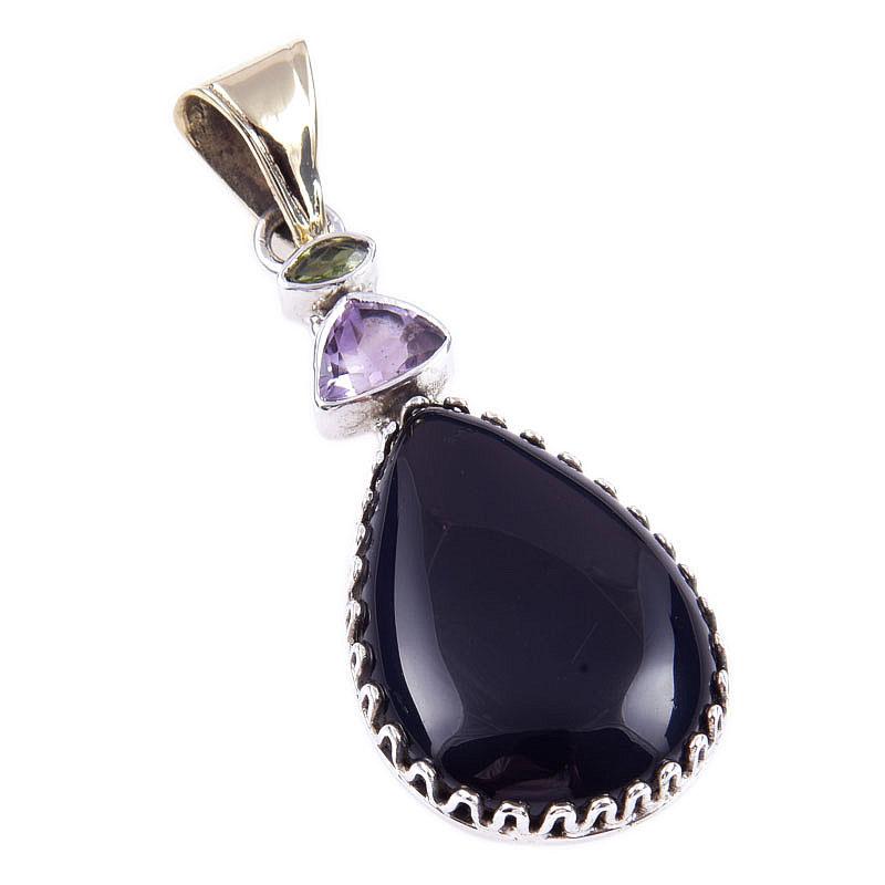 Natural Black Onyx,Amethyst 925 Solid Sterling Silver Jewelry Pendant 2.25" W3z44