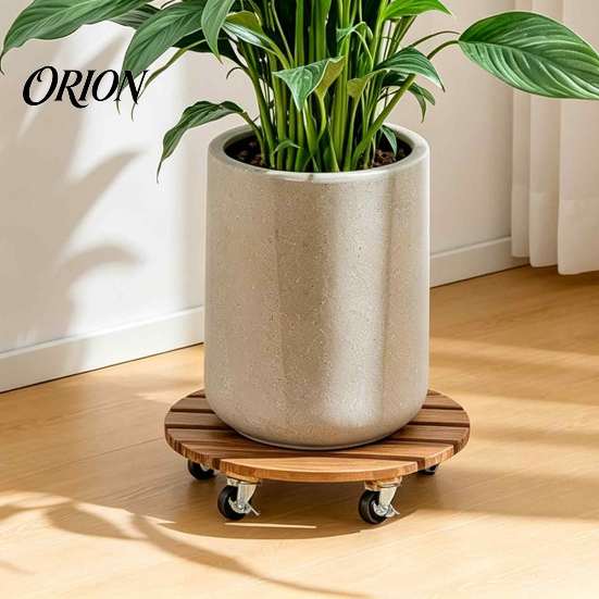 Outdoor Planter Tray with Wheels Round Wood Plant Caddy Wheels, Heavy Duty Rolling Stand Weather Resistant Roller for Garden Casters, Movable