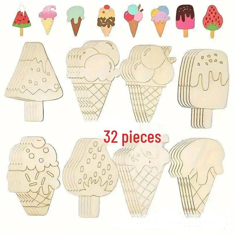 DIY Wooden Ice Cream Craft Kit for Kids: Unfinished Graffiti Painting Board with Accessories
