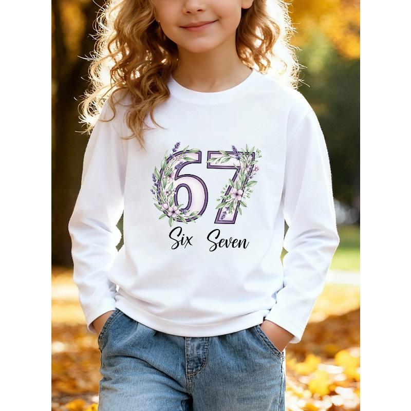 Kids Unisex Pink Crewneck Sweatshirt, Lavender Floral Wreath 66 Six Seven Print Long Sleeve Pullover, Soft Fleece Sweatshirts for Boys Girls Ages 4+