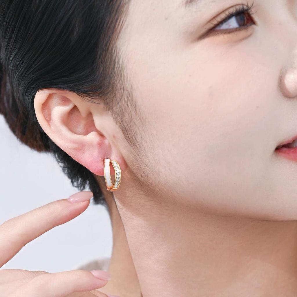 Exquisite White Enamel Rhinestone C-Shape Double-Layer Stud Earrings In 925 Silver for Women