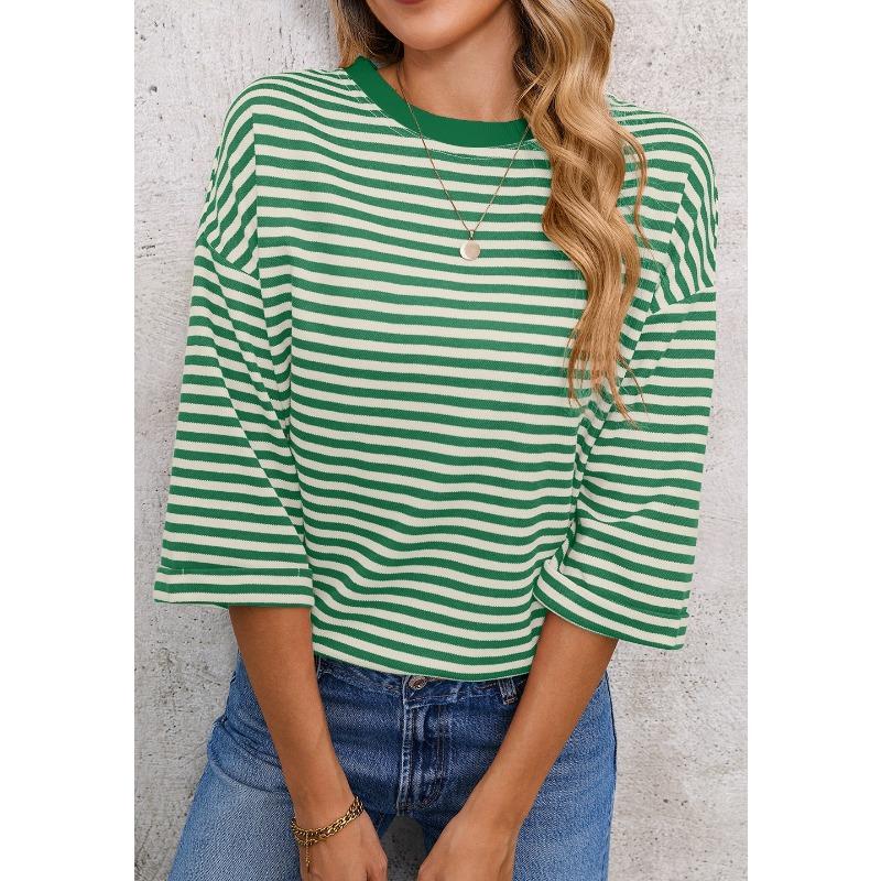 New Women's Round Neck Striped Back Tie Bow Pullover Knitted Top
