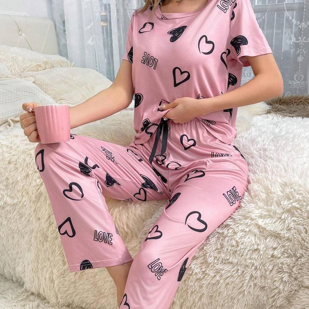 Women's Heart Print Pajama Set: Short Sleeve Top & Long Pants (2025 Collection)