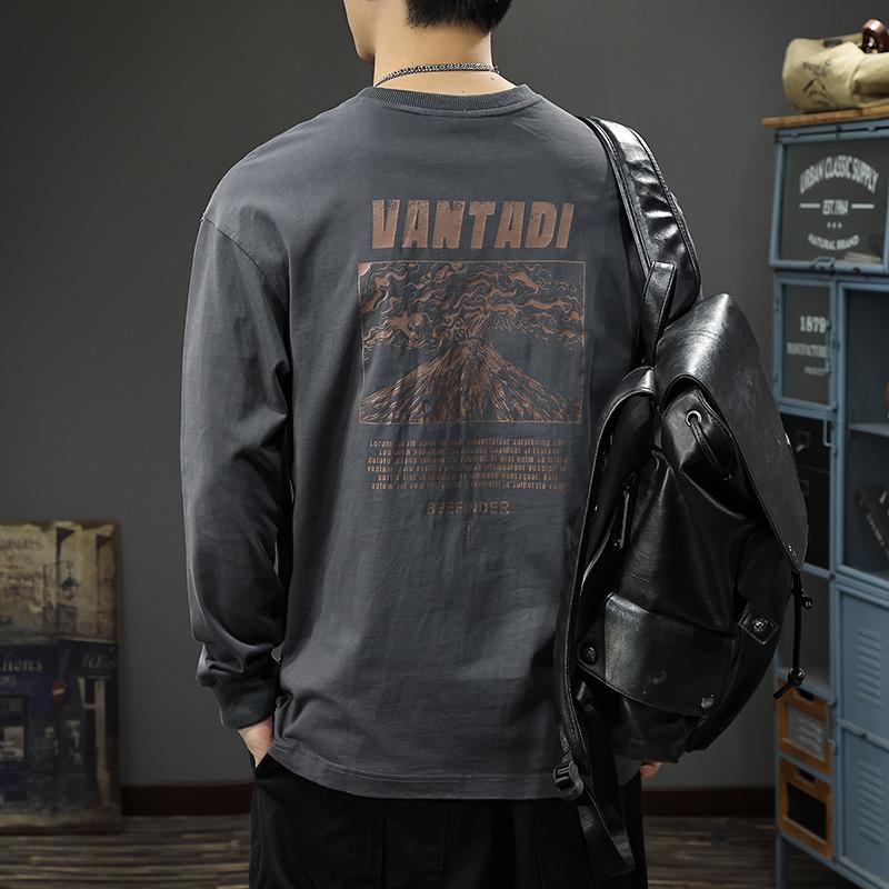 Autumn American Retro Printed Long-Sleeved T-Shirt Men'S Loose Large Size Heavy Cotton Bottoming Shirt Crew Neck Sweater