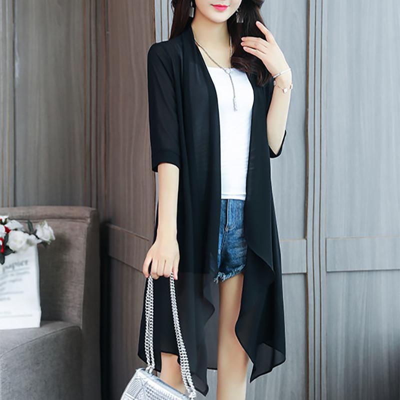 Camisa de gasa de verano para mujer, abrigo ultrafino de longitud media, camisa con protección solar, camisa de aire acondicionado, cárdigan tipo chal de Color sólido