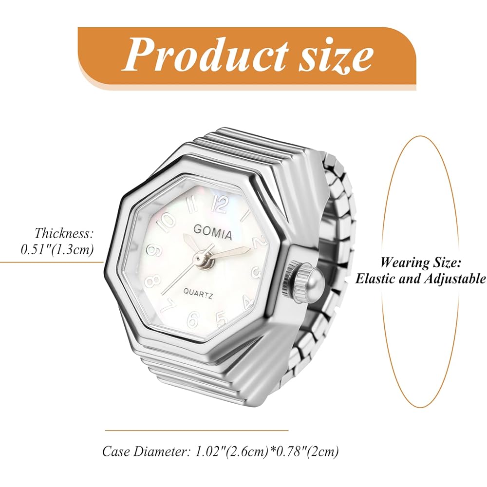 Ringwatch Women's Octagonal Case Adjustable Length Shell Dial Stainless Steel Waterproof Analog Fingerwatch