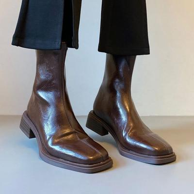 Commuter Silent Bottom Short Boots Square Head Low Heel 2025 Elastic Boots Thin Soft Leather Autumn and Winter Women's Boots Versatile and Not Tired