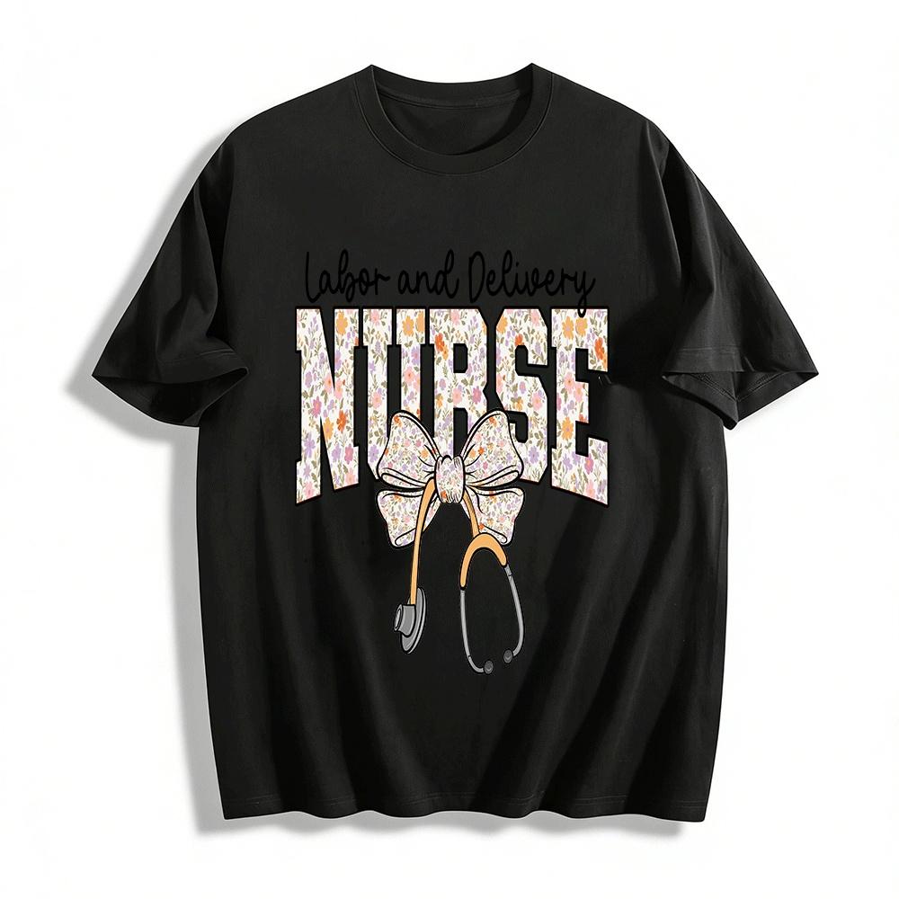 Floral Print Labor And Delivery Nurse Graphic Tee Shirt Pure cotton T-shirt XXS