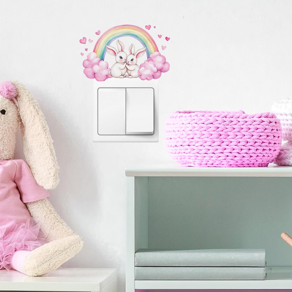 Cartoon Couple Rabbit Rainbow Bedroom Living Room Switch Background Beautification Wall Stickers