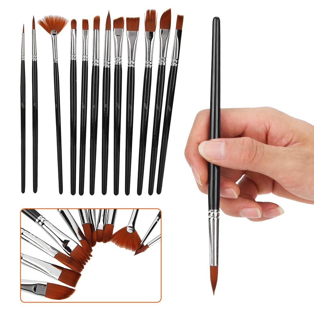 12 Pcs Painting Brush Nylon Hair Wooden Watercolor Gouache Painting Supply Kit