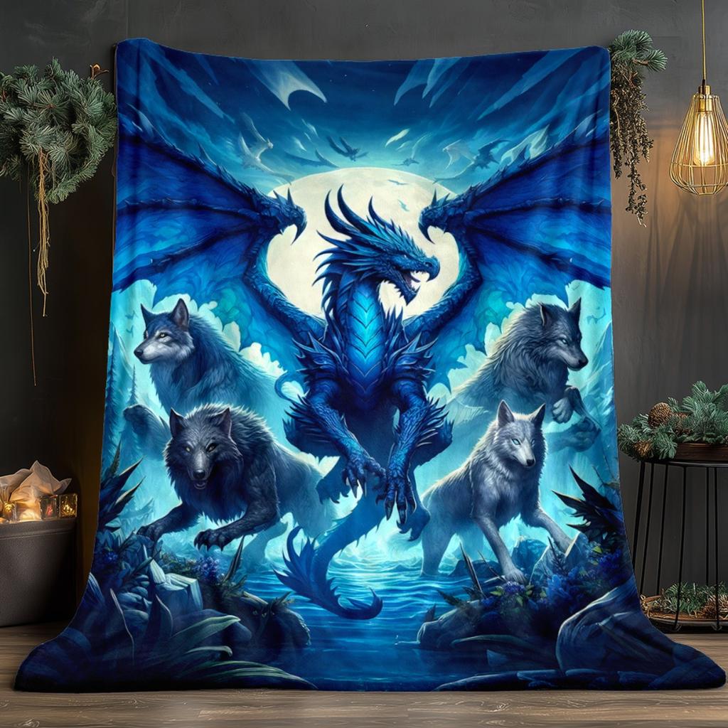 Dragon and Wolves Scene HD Printed Blanket, Soft and Warm Flannel Blanket for Travel, Camping, Sofa, Living Room, Couch, Chair,