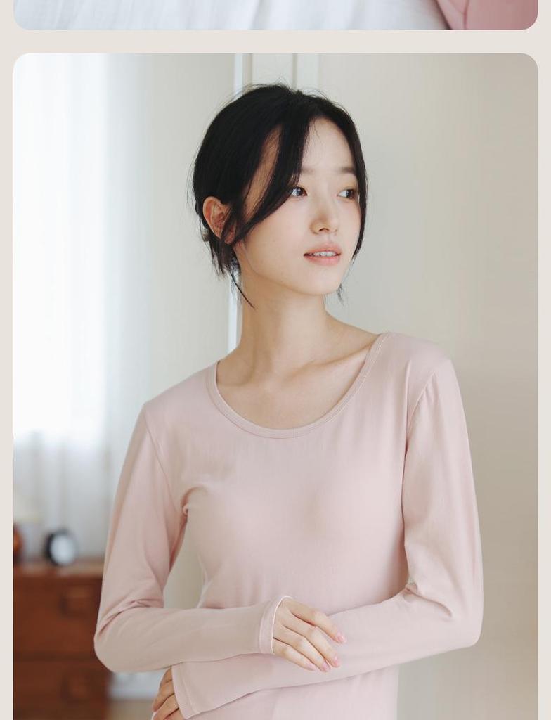 Dámský termo set z čisté bavlny: Tenký svetr a úzké kalhoty s kulatým výstřihem v jednobarevných barvách na podzim a zimu.