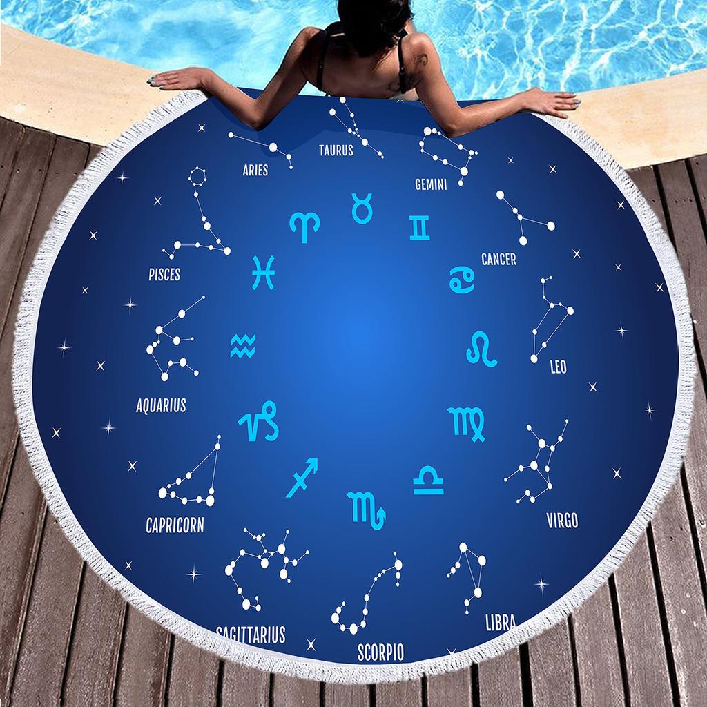 12 Constellation Round Beach Towel, Soft Microfiber Mystery Universe Galaxy Beach Towel Absorbent Towel for Travel Pool Picnic