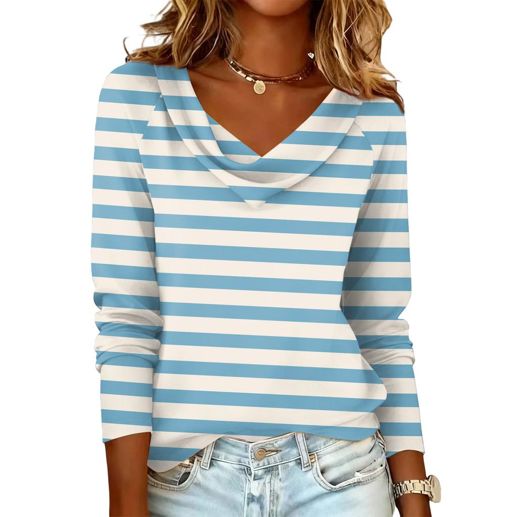 Ladies' striped printed casual and fashionable long sleeved pullover top