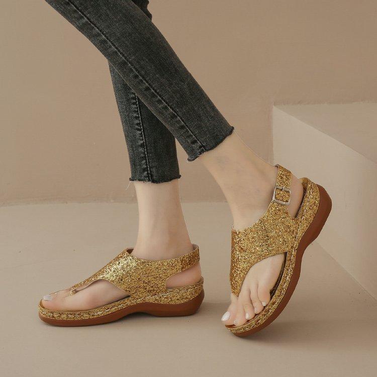 Foreign trade herringbone sandals summer new thick-soled wedge heel toe women's shoes buckle casual sequins retro large size sandals