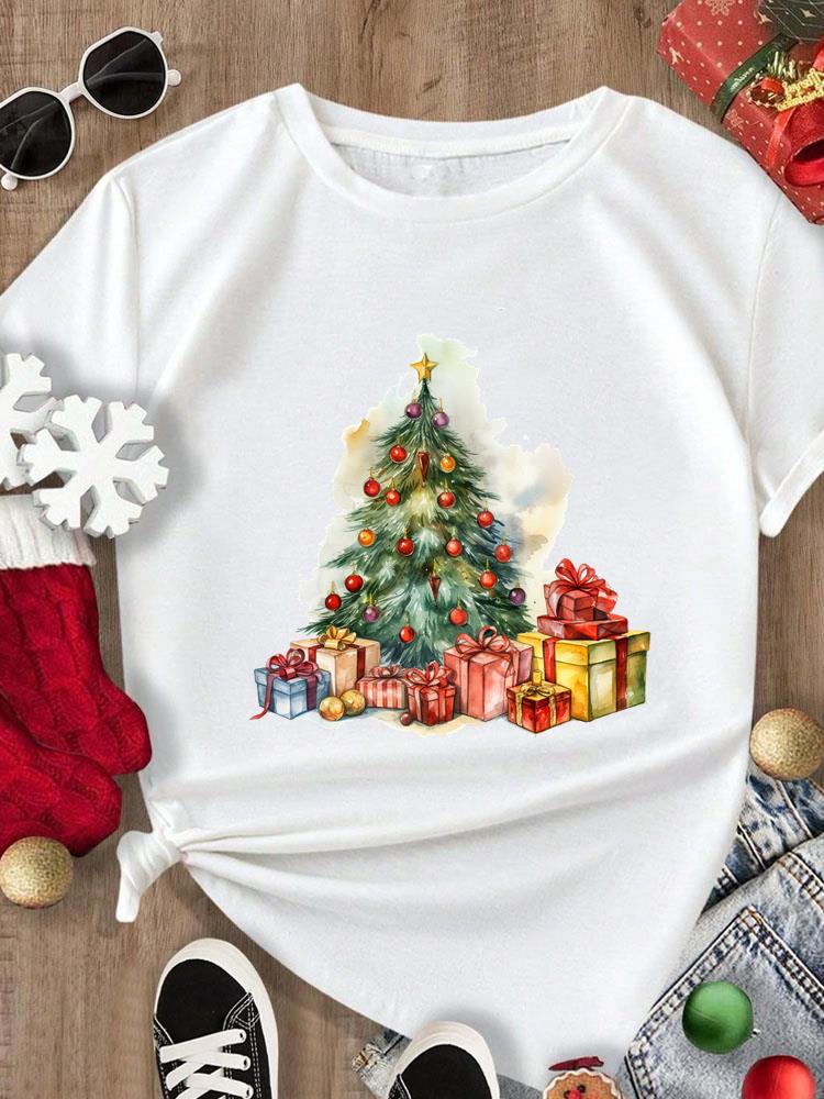 (Asian Size) Tee Merry Christmas New Year Holiday Top festival Casual tree letter style Women Print Lady Short Sleeve Fashion Graphic T-shirts