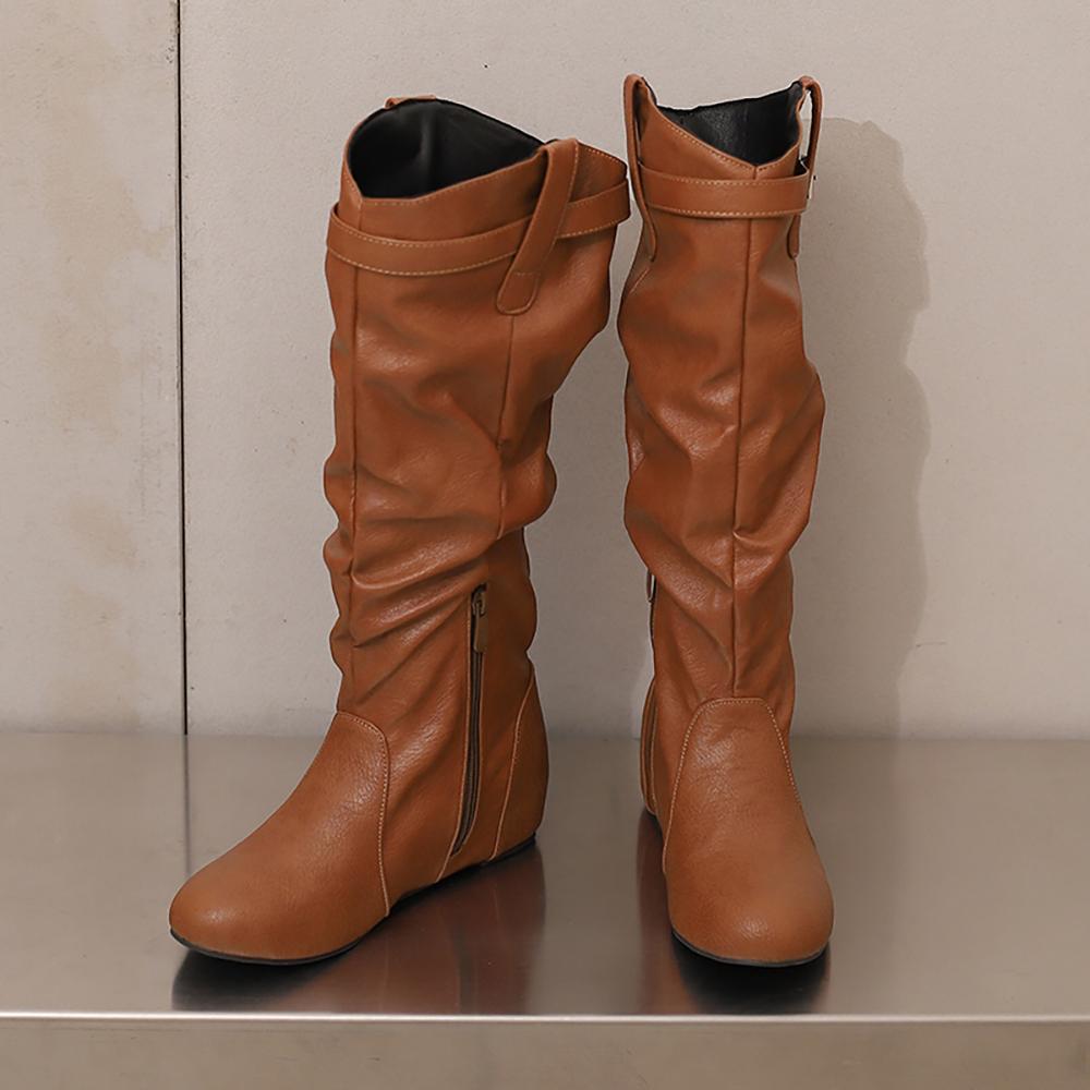 Yellow Wine Red Women Mid Calf Boots Med Wedge Heel Big Size 50