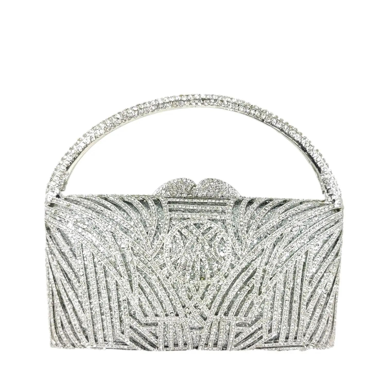 

Boutique De FGG Elegant Women Silver Crystal Totes Clutch Evening Purses and Handbags Bridal Wedding Rhinestone Minaudiere Bag Mini Size