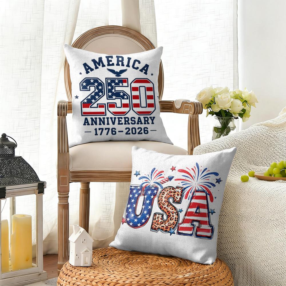 happy Anniversary of the US Cushion Cover Natural Linen Organic Fabric DoubleSided Printing Sofa Home Decor Gift Pillow Cover