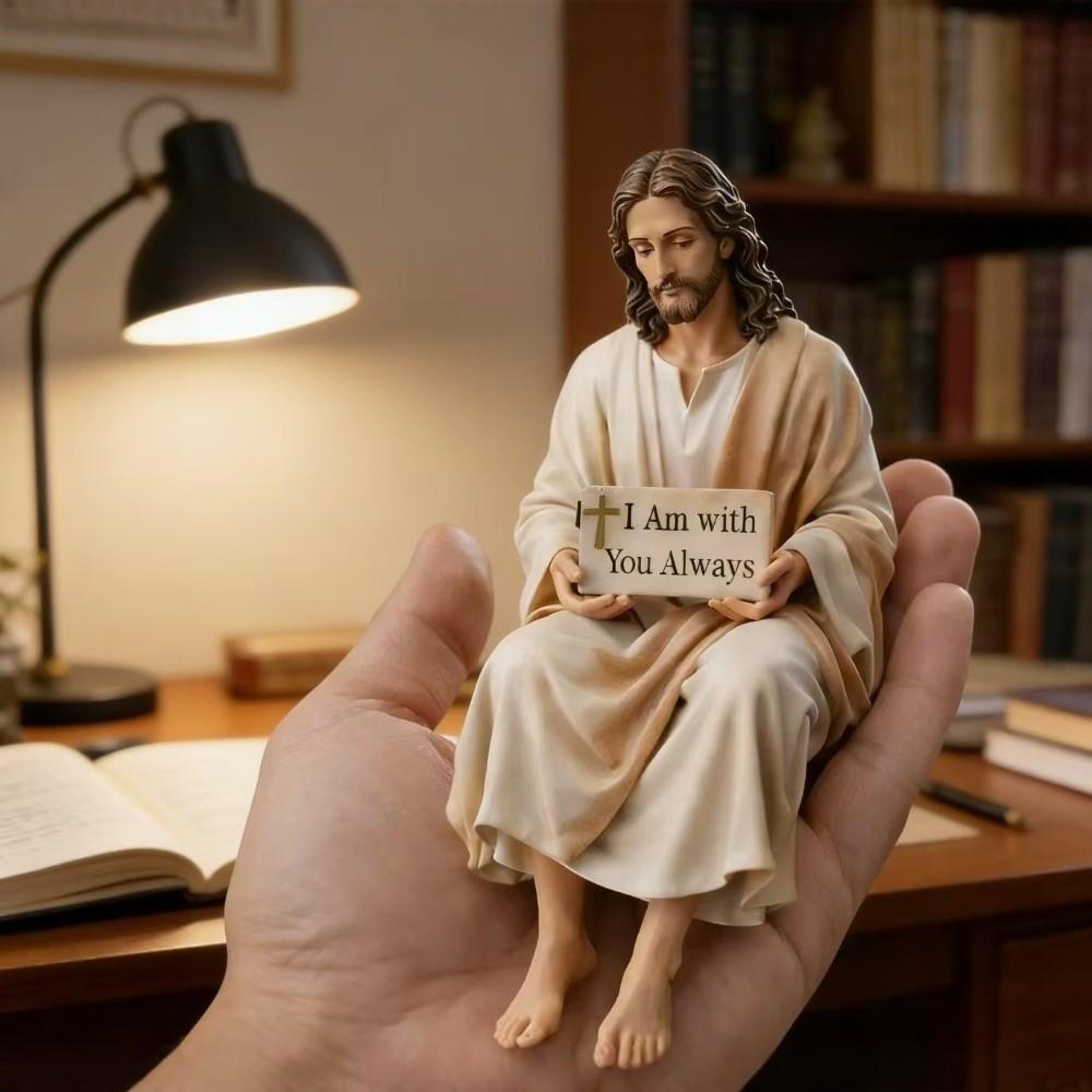 Hand Painted Jesus Figurine I Am with You Always Handmade Jesus Christ Statue Sitting Pose Unique Resin Jesus Ornament