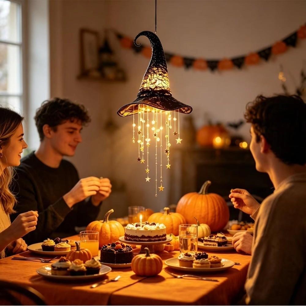 Glowing LED Witch Hat Hanging Chime Hollow Out Halloween Witch Hat Decor Halloween Party Decor