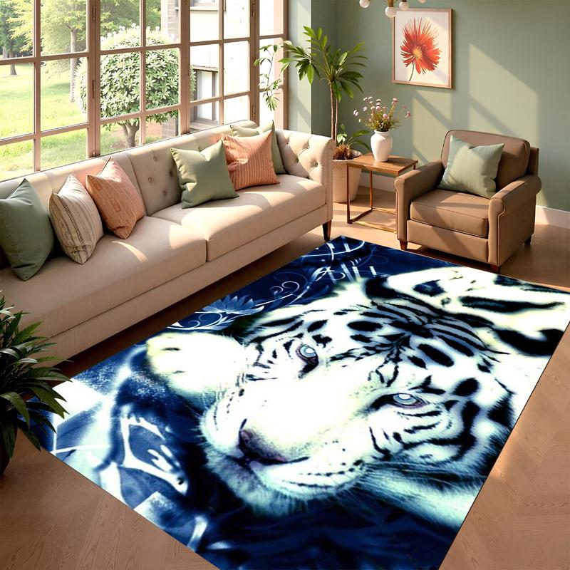 Realistic White Tiger Face Print Area Rug Soft Home Decor Floor Carpet Wildlife Animal Themed Decor Carpet for Living Room