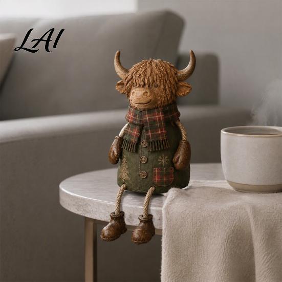 Decorative Figurine for Mantle Christmas Highland Cow Figurine Cute Ornament with Retro Plaid Clothing Farmhouse Holiday Tabletop Shelf And