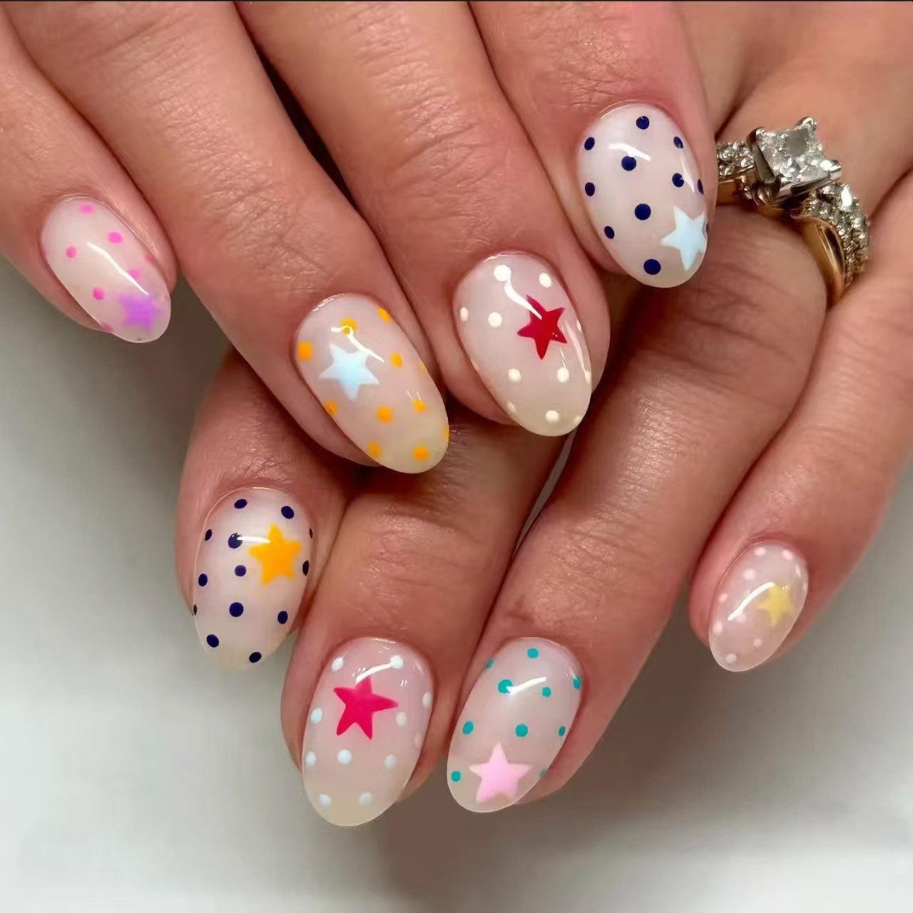 

24PCS Colorful Star Almond Press on Nails Sweet Retro Polka Dots Patterns Simple French Fake Nails Wearable Cute False Nails Tip