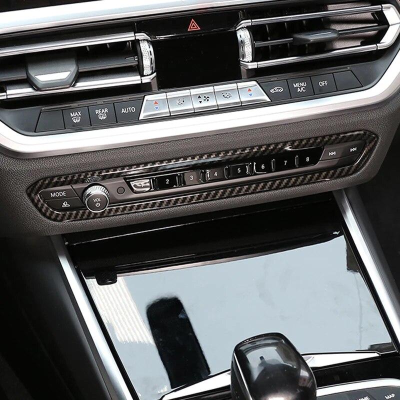 Fibra de carbono ABS Car Center Console Volume Frame Decorativo Capa Guarnição Adesivo Auto Acessórios Para BMW Série 3 G20 G28 -21
