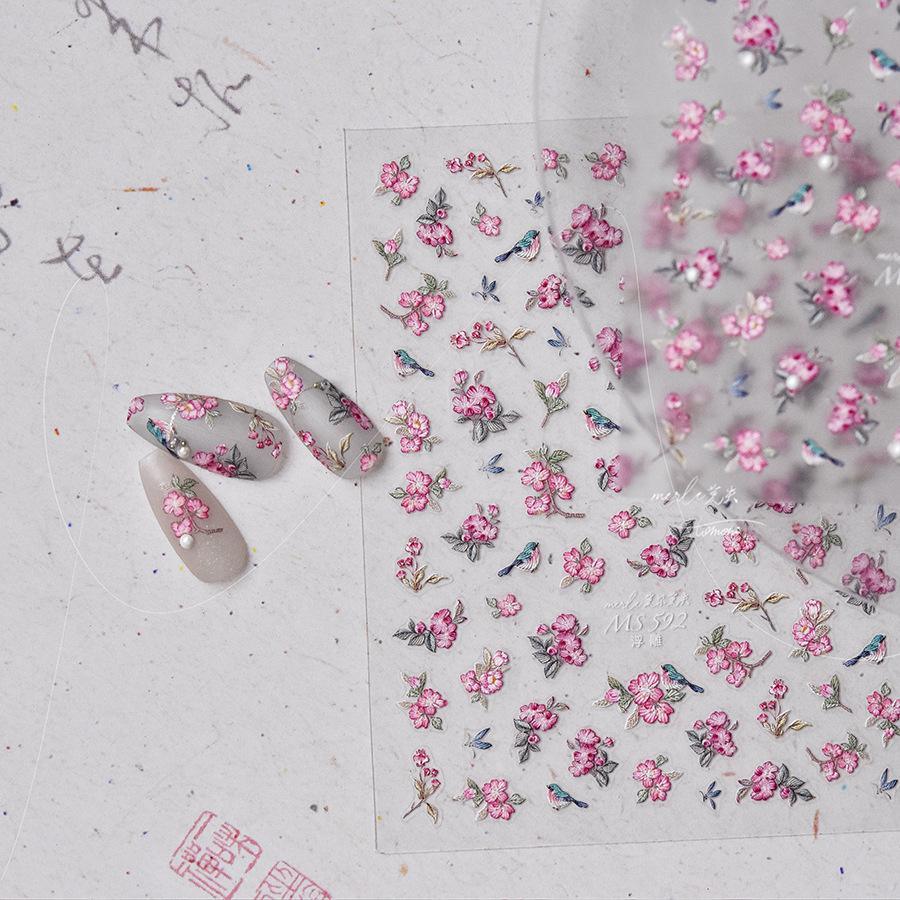 Gradient White Pink Butterfly Flower Shiny Stars Chic Spring Petal 5D Soft Adhesive Nail Art Stickers Decorations Manicure Decal