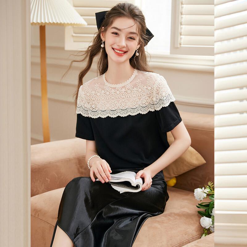 

Lace Patchwork Color Block Short Sleeve Blouse XL