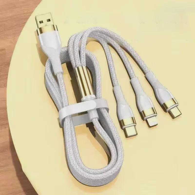 2m Gold-Plated 3-in-1 Fast Charging Cable for Apple, Android, and Type-C Devices