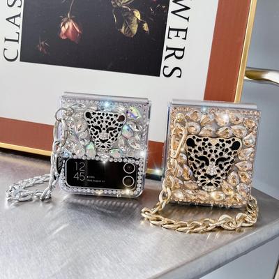 Handyhülle mit Metall-Handkette, Bling-Diamant-Leopardenkopf, Luxus-Mode, für Samsung Galaxy Z Flip 4 3 Z Flip 5