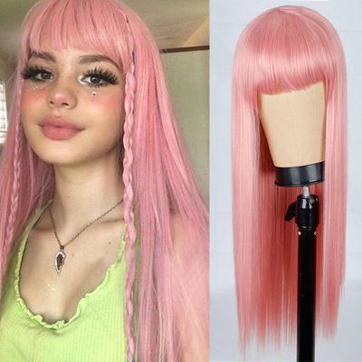 24 inch, roz, albastru, portocaliu, perucă lungă, dreaptă, cu breton, peruci de păr sintetic, bang cu perucă pentru femei, peruci rezistente la căldură