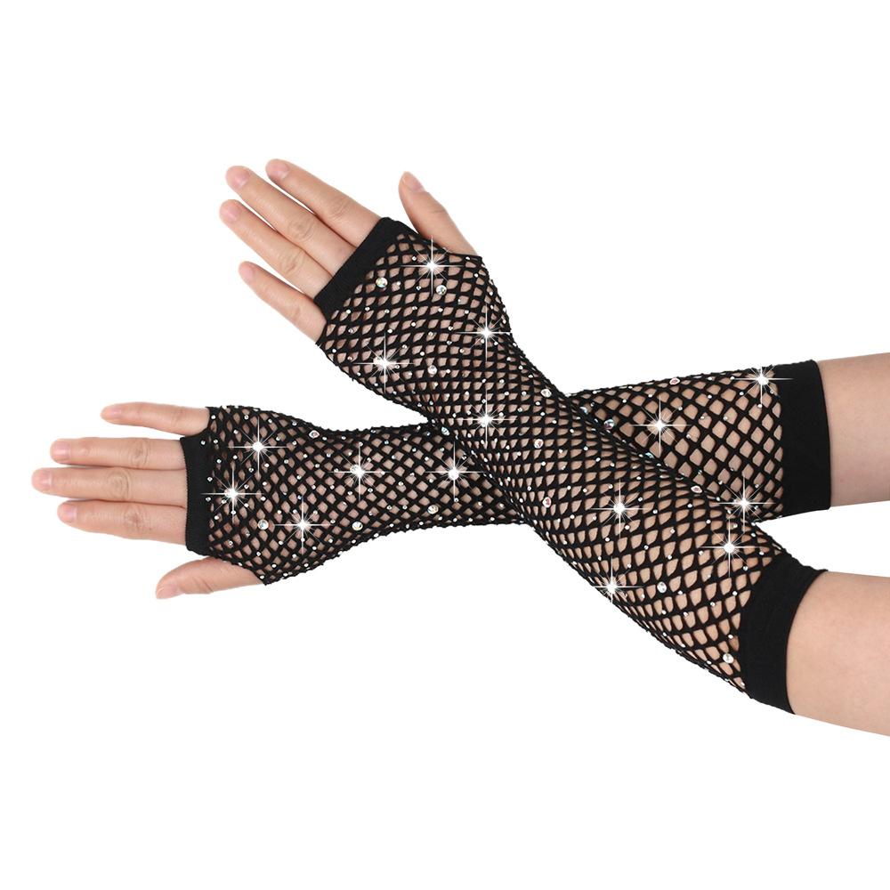 Guantes de diamante para fiesta, red de pesca, guantes de malla elástica, guantes largos sexys de diamante para discoteca retro