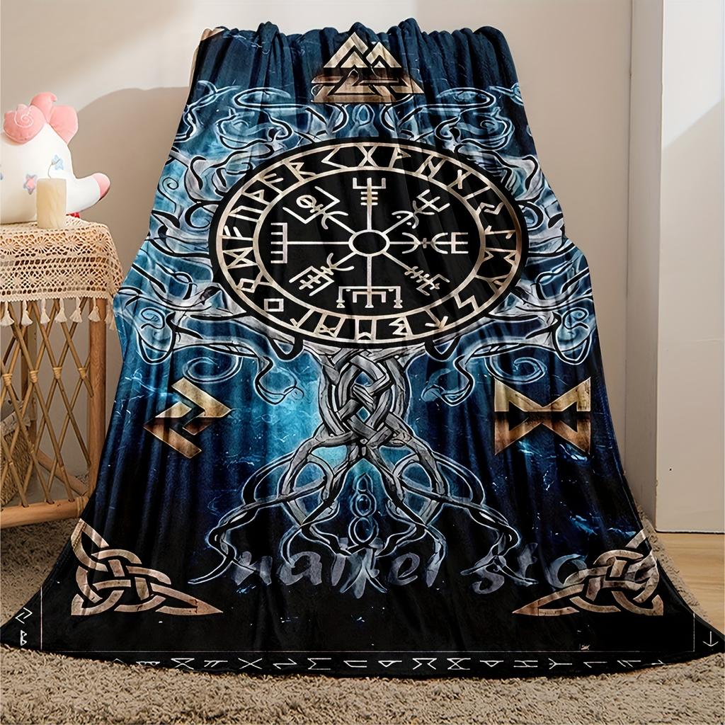 VIKAMA Nordic Rune Nautical Blanket Viking Compass Celtic Knot Mystic Totem Living Room Bedroom Nautical Theme Blanket