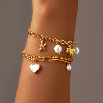 Stainless Steel Chains Double Layer Heart Bracelet Bangle For Women, 18k Gold Plated Waterproof Charm Wrist Jewelry